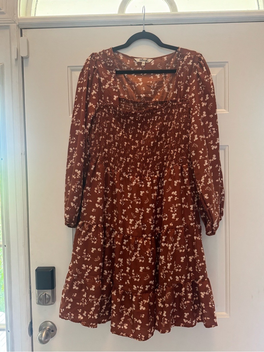 GOGO Rust Floral Long Sleeve Smocked Tiered Dress